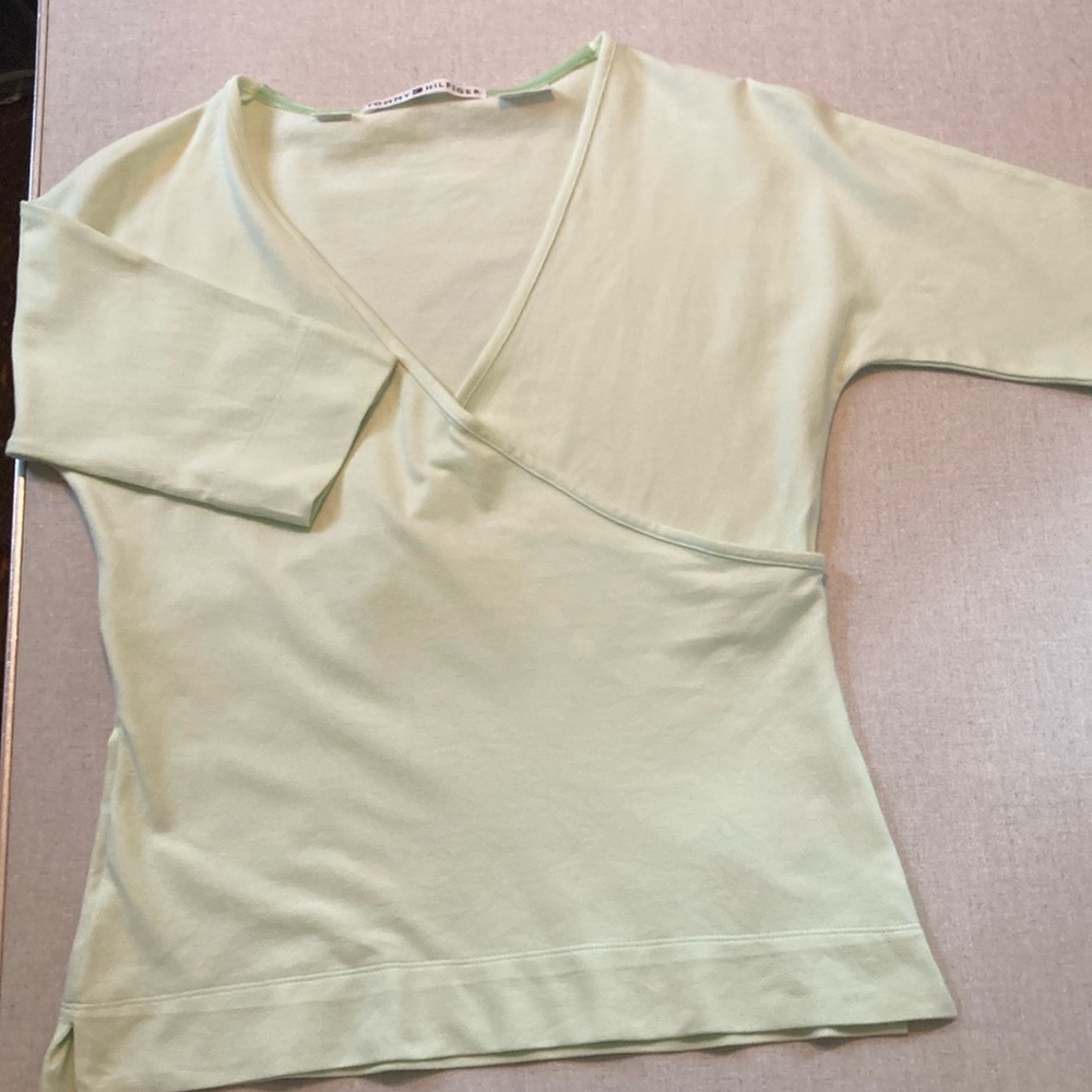 Tommy Hilger, Minty Green, Stretch, Woman’s Medium, 3/4 sleeve, crossover Top.